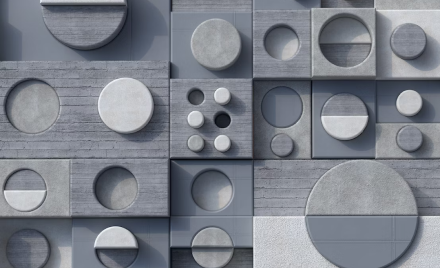 A three-dimensional artwork featuring a variety of sculpted tile objects.